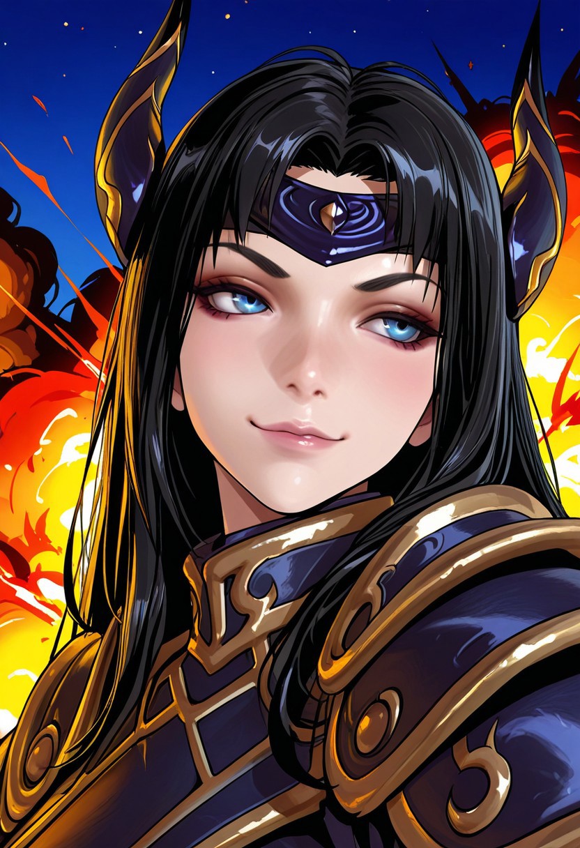MASTERPIECE, AMAZING QUALITY, 1GIRL, SOLO, R0Z3, PORTRAIT, BLACK HAIR, BLUE EYES, PAULDRONS, JACKET, HORNS, HEADBAND, NIGHT, SMIRK, BURNING EXPLOSION