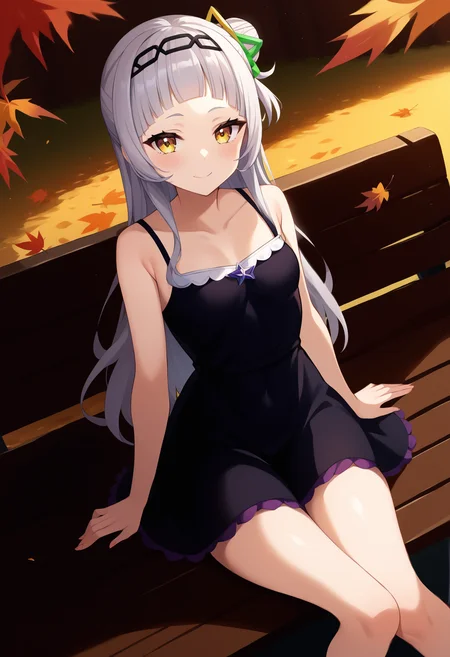score_9, score_8_up, score_7_up, score_6_up, score_5_up, score_4_up, source_anime, (best quality, ultra detailed, absurdres, masterpiece:1.2), (ai-generated:0.6), color,  autumn, autumn leaves,   <lora:murasakishionPonyXL:1>
BREAK
murasaki shion, hololive, 1girl, long hair, breasts, bangs, hair ornament, yellow eyes, grey hair, hairband, small breasts, blunt bangs, black skirt, hair bun, single hair bun, single side bun, sundress, sitting, on bench,