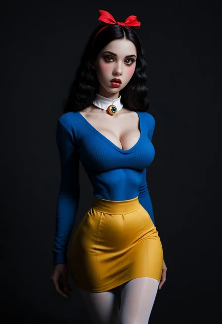 score_9, score_8_up, score_7_up, (ultra HD quality details),
DRKDL, dramatic lighting, dim lighting, dark theme,
looking over shoulder at viewer, blushing, open mouth,
1girl, Snowwhite, Disney, \(Snow White and the Seven Dwarfs\)/,
black hair, bobbed hair, pale skin,
brown eyes, , white sclera, detailed eyes, makeup,
thin waist, wide hips, long slender legs, busty, cleavage,
red hairband with ribbon,
white collar,
blue sweater,
long yellow skirt, white pantyhose,
platform pumps,