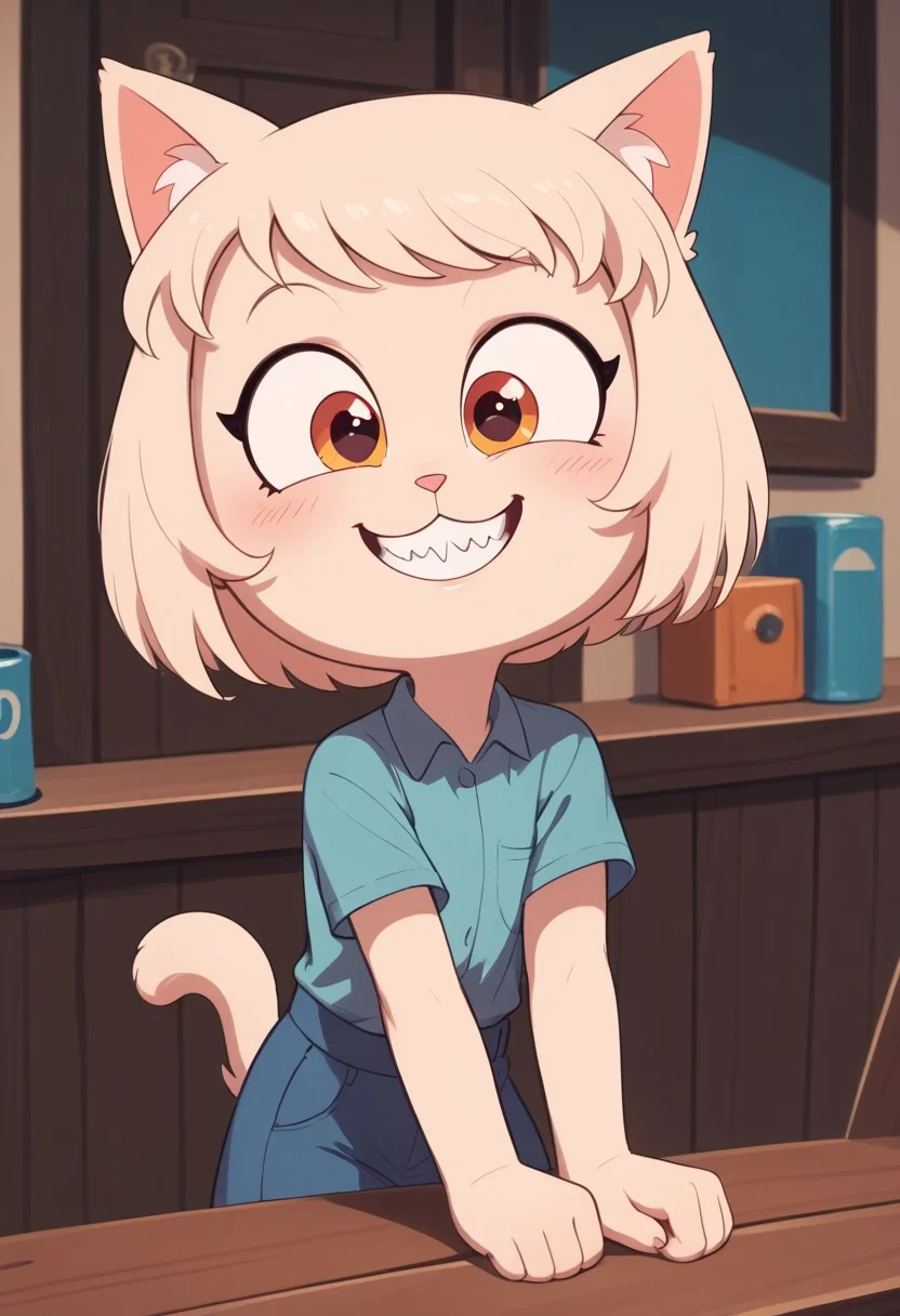 score_9, score_8_up, webby vanderquack is a silly cute cat, teeth, teefs44, style of Rosina Wachtmeister