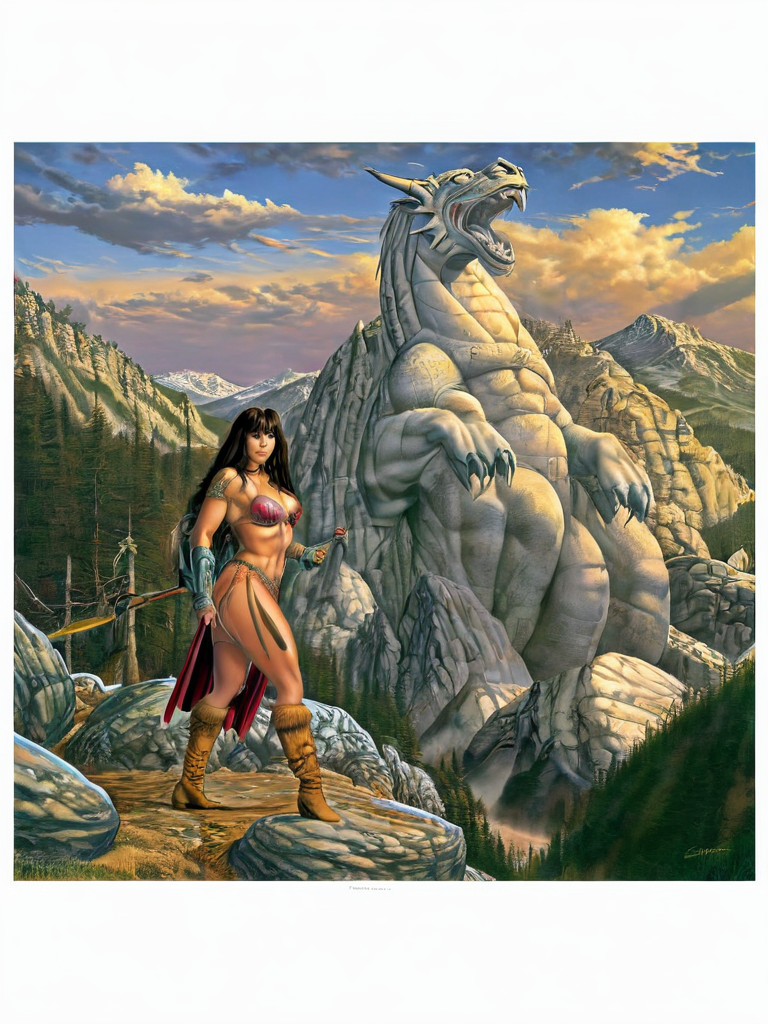 paint,  Elmore_Style_LX , girl, (nude) posing, Powerful hero, adventure, cinematic, epic outdoor location, fantasy illustration, cinematic scene by dragonlance fantasy illustrations of a 1woman barbarian, skimpy armor, Huge breasts, bikini armor, sexy barbarian nude , with sword with a magic items, in the background epic winter sunset Fantasy masterpiece by Larry Elmore , dragonlance , <lora:Elmore_Style_LX:0.7>