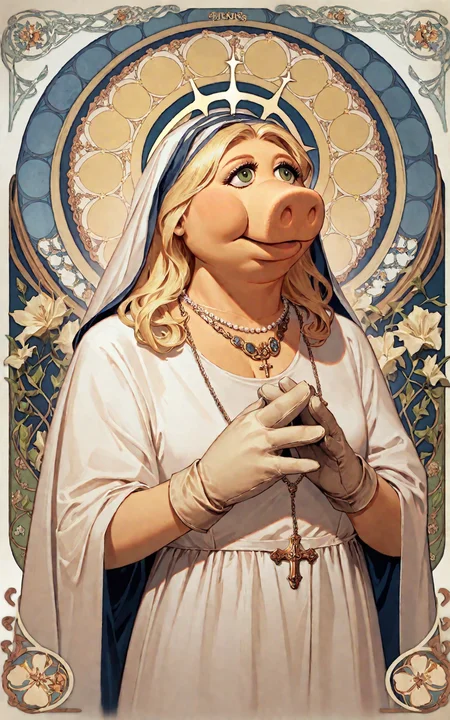 <lora:hans-andersen-brendekilde_pony_v1:1.1> 'miss piggy' by brendekilde hans andersen in 1896  , halo,  religious painting \(genre\),art nouveau (modern) \(style\) <lora:Miss_Piggy_Pony:0.75> uncensored,gloves , necklace, piggy, blonde hair, score_9, score_6_up, score_7_up