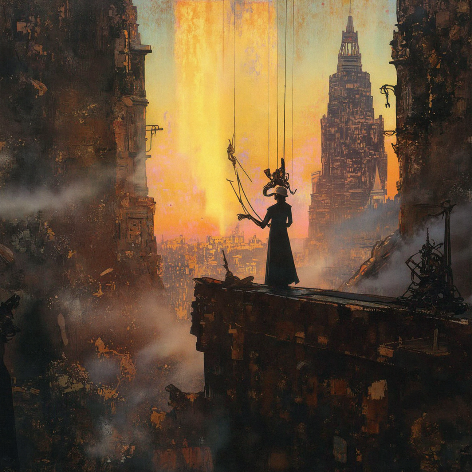 In the heart of a post-apocalyptic utopia, where crumbling skyscrapers pierce the sky like skeletal fingers, a puppetmaster stands at the edge of a ravaged cityscape, her eyes fixed on some unseen horizon. The air is heavy with an eerie silence, punctuated only by the distant rumble of collapsing structures and the soft hum of machinery hidden beneath the ruins.  As she stands, bathed in the warm glow of a sunbeam that filters through the haze, her hands move with precision, manipulating strings that seem to come from nowhere. The puppets she controls are twisted,, <lora:Flux_Turbo_Alpha.safetensors:1.0> <lora:Wiz-The_Grit.safetensors:0.5> gritty poster art <lora:flux.1_lora_flyway_Epic-detail_v2.safetensors:0.4> epic gorgeous details