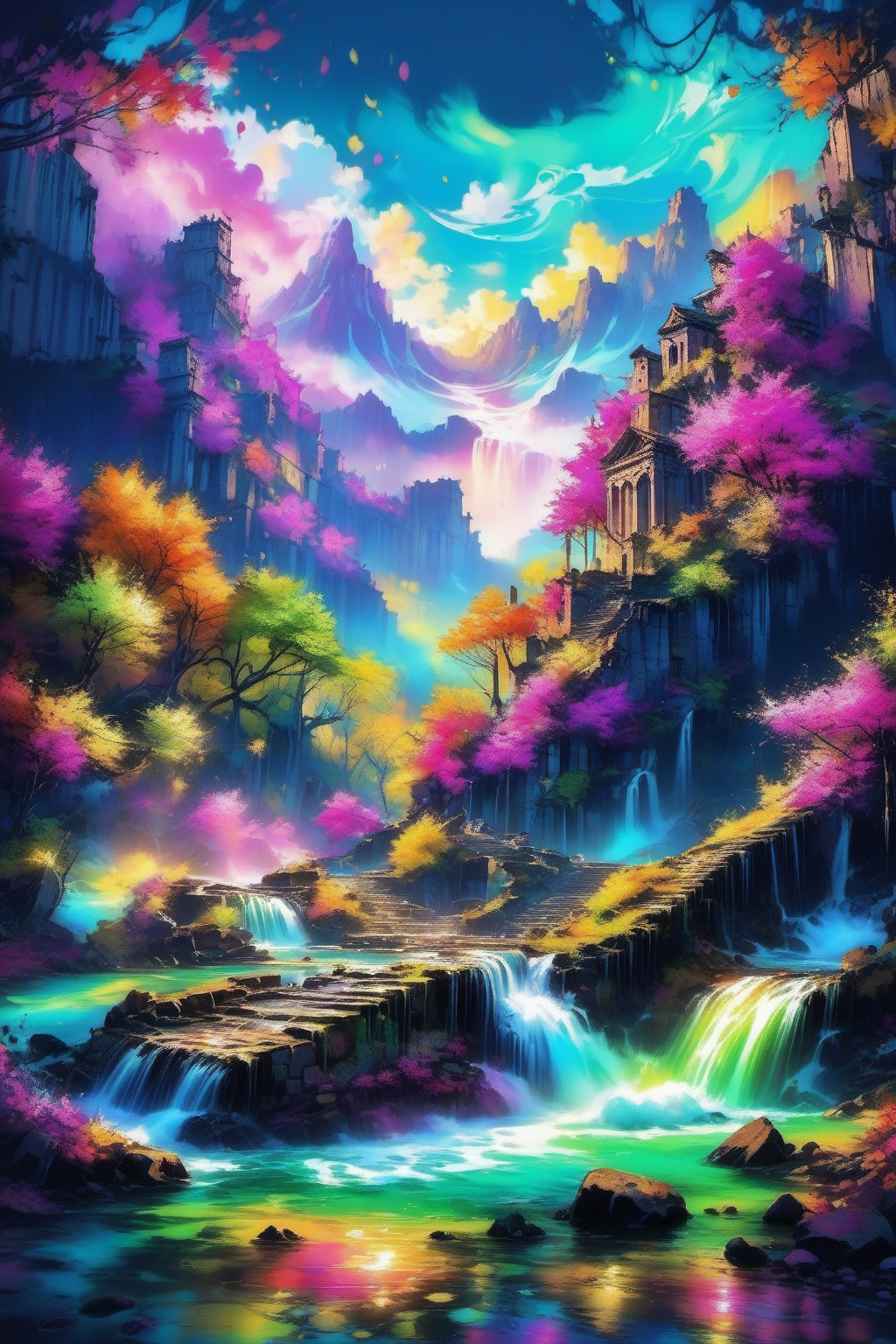 ColorART, colorful, <lora:ColorART:1>, nature, water, ruins,
