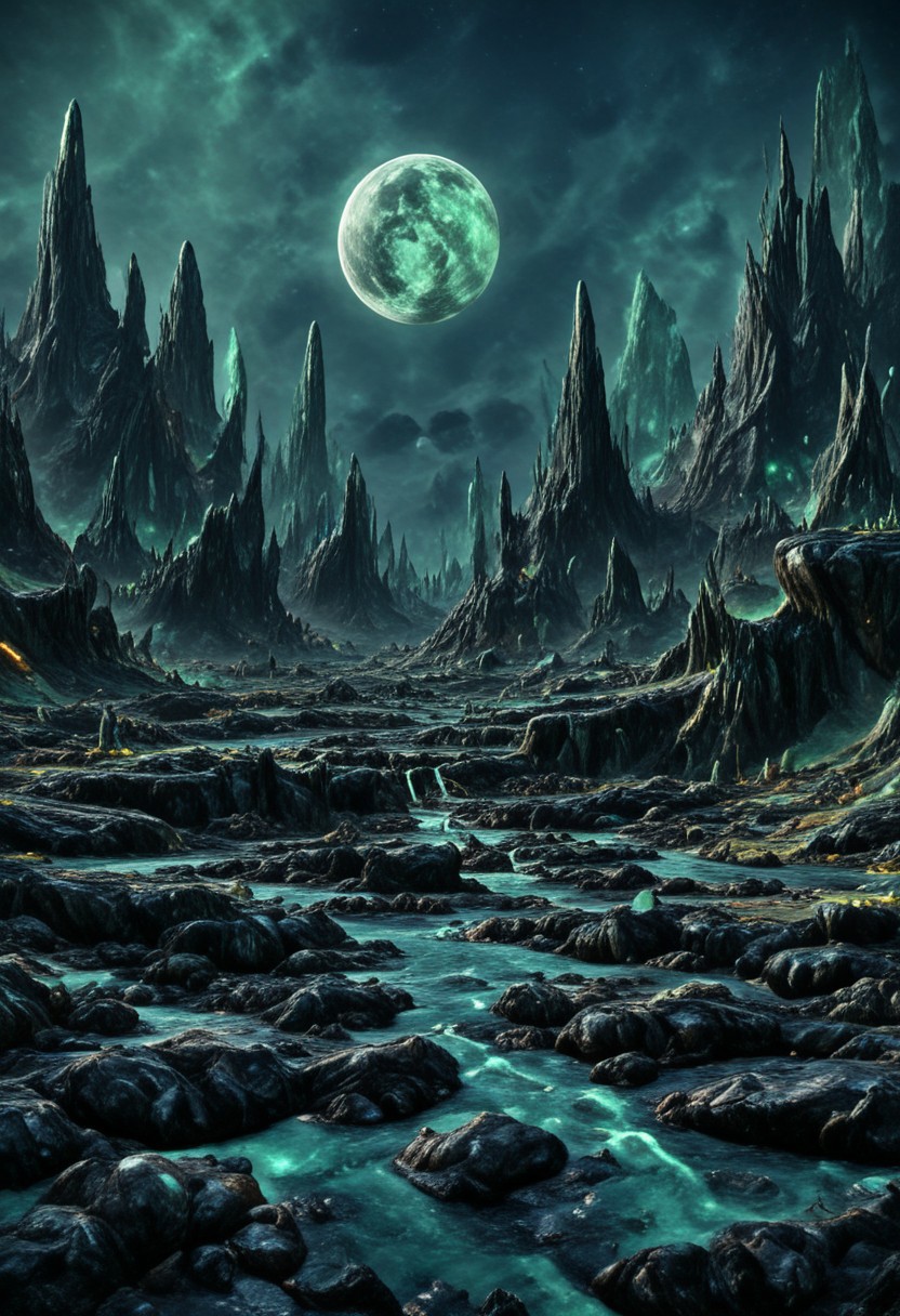 A beautiful landscape at night on an alien world, dramatic lighting, large moon in the sky, jade rocks, waterfalls, deep crevices, uhd, ultra-detailed, photography, f/8 photo, monoprone, nmskyrim