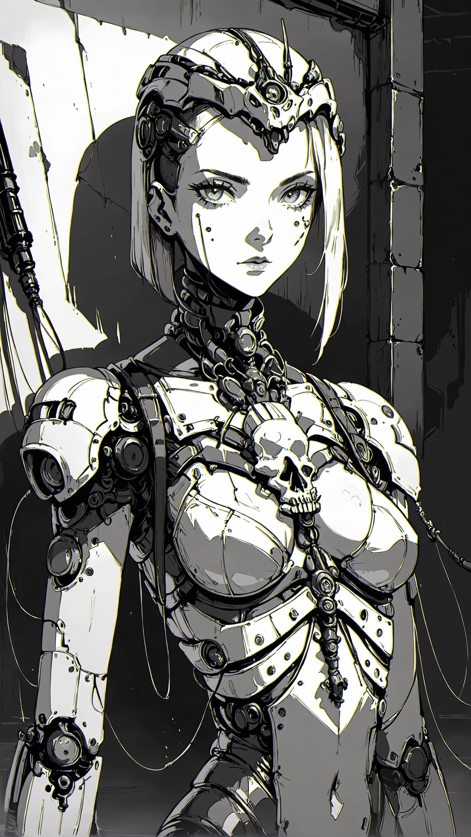 score_9,score_8_up,score_7_up,xenotr1p,<lora:Xenotrip:1>,1girl,sexy girl,side cut,A portrait painting of a Tech Priest from the Adeptus Mechanicus. She is wearing a red and gold robe with a hood. The hood is pulled back to reveal her pale face with cybernetic eyes and a cybernetic left arm. she is holding a staff with a skull on the top. she has a serious expression on his face. she is standing in front of a dark background with a green glow around him. Adeptus Mechanicus,