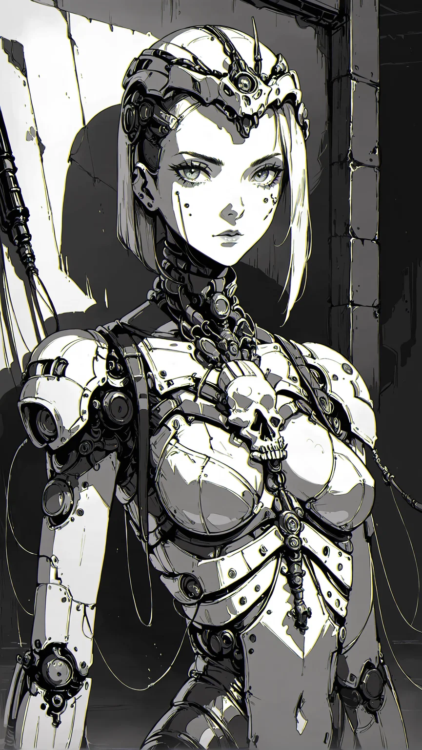 score_9,score_8_up,score_7_up,xenotr1p,<lora:Xenotrip:1>,1girl,sexy girl,side cut,A portrait painting of a Tech Priest from the Adeptus Mechanicus. She is wearing a red and gold robe with a hood. The hood is pulled back to reveal her pale face with cybernetic eyes and a cybernetic left arm. she is holding a staff with a skull on the top. she has a serious expression on his face. she is standing in front of a dark background with a green glow around him. Adeptus Mechanicus,