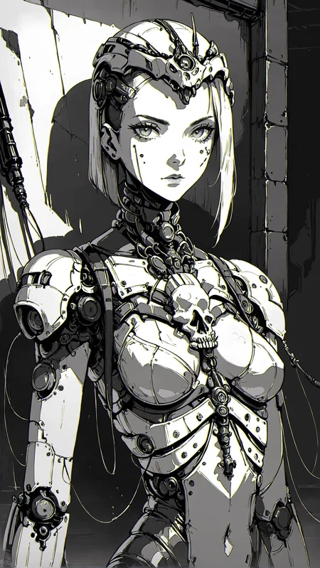 score_9,score_8_up,score_7_up,xenotr1p,<lora:Xenotrip:1>,1girl,sexy girl,side cut,A portrait painting of a Tech Priest from the Adeptus Mechanicus. She is wearing a red and gold robe with a hood. The hood is pulled back to reveal her pale face with cybernetic eyes and a cybernetic left arm. she is holding a staff with a skull on the top. she has a serious expression on his face. she is standing in front of a dark background with a green glow around him. Adeptus Mechanicus,