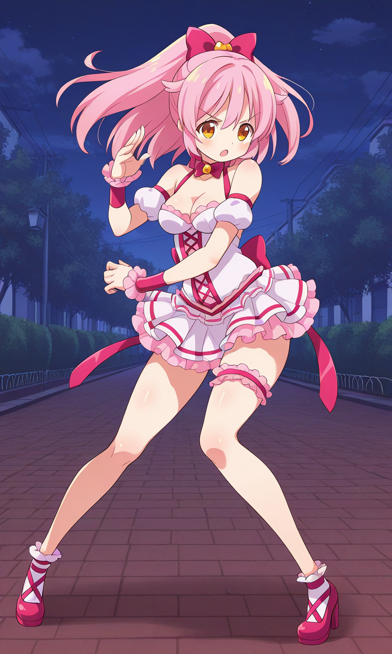1girl, solo, mgyunishirakawa, magical girl, pink hair, high ponytail, hair flaps, hair bow, yellow eyes, choker, bowtie, brooch, frilled dress, medium breasts, cleavage, detached sleeves, bare shoulders, puffy short sleeves, bracer, frilled wrist cuffs, back ribbon, bridal garter, high heels, outdoors, street, night, fighting stance, open mouth, :o, serious, full body,