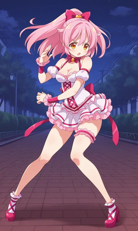 1girl, solo, mgyunishirakawa, magical girl, pink hair, high ponytail, hair flaps, hair bow, yellow eyes, choker, bowtie, brooch, frilled dress, medium breasts, cleavage, detached sleeves, bare shoulders, puffy short sleeves, bracer, frilled wrist cuffs, back ribbon, bridal garter, high heels, outdoors, street, night, fighting stance, open mouth, :o, serious, full body,