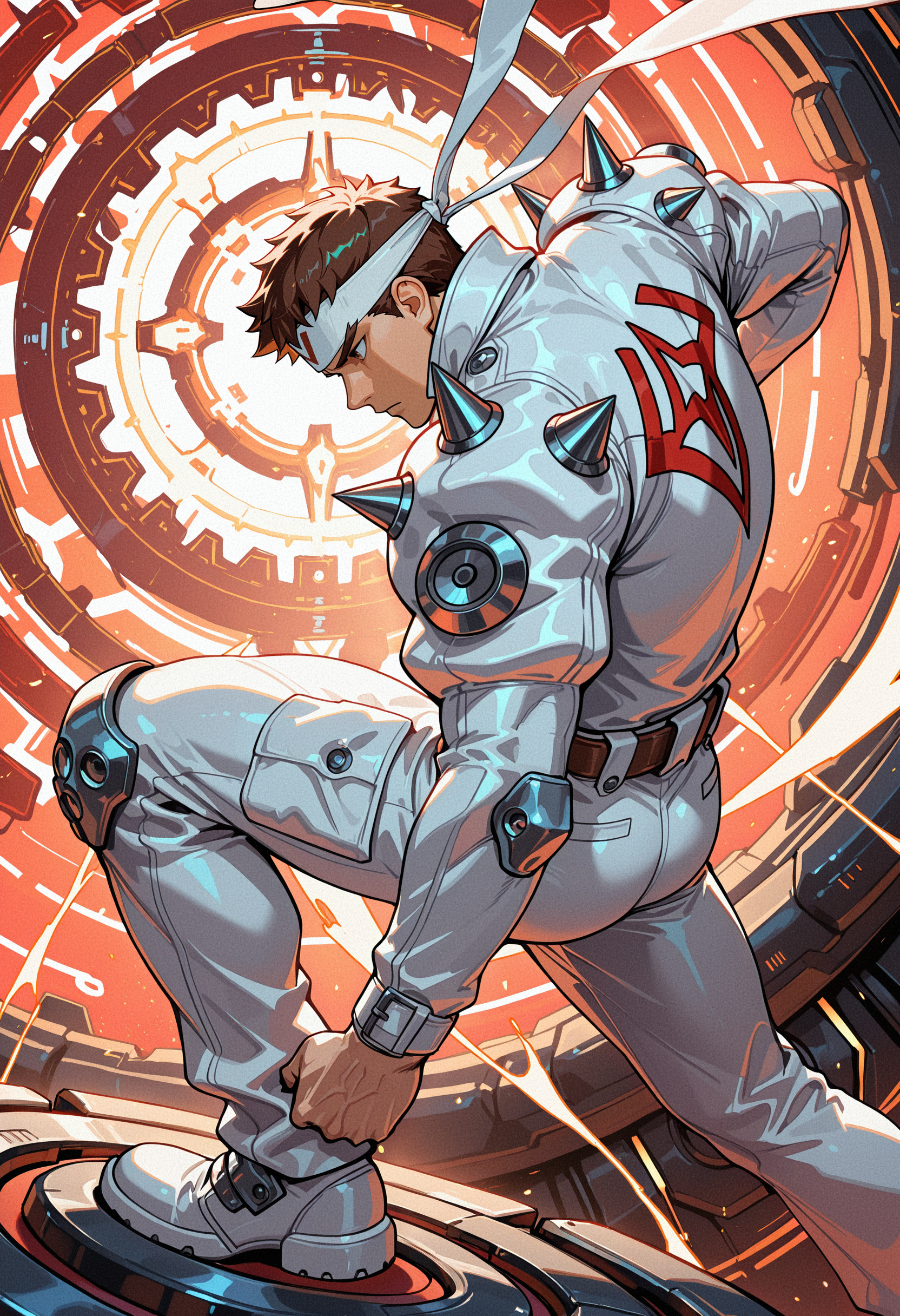 masterpiece, best quality, newest, absurdres, highres, very awa, 1boy, male, male focus, bara, saotome jin, dynamic pose, mechanical background, shoulder spikes, abstract, simple background