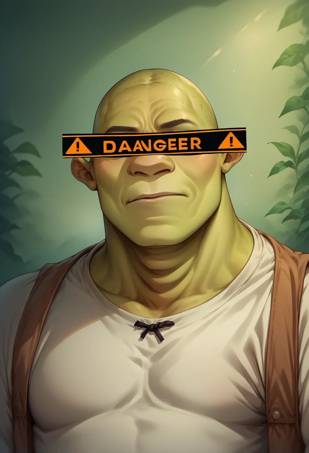 score_9, score_8_up, score_7_up, source_anime, 1boy, DangerCensor, identity censor, <lora:DangerEyeCensor_XLPD:1.1>, upper body, <lora:Shrek_XLPD:0.9> shrek, green skin, bald,