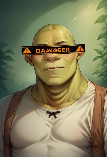 score_9, score_8_up, score_7_up, source_anime, 1boy, DangerCensor, identity censor, <lora:DangerEyeCensor_XLPD:1.1>, upper body, <lora:Shrek_XLPD:0.9> shrek, green skin, bald,
