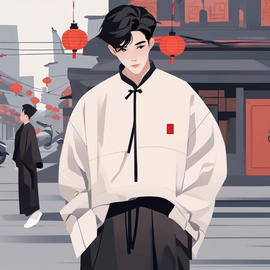 1boy, handsome, minimalismï¼ chinese chothes, street, cool <lora:minimalism:1>