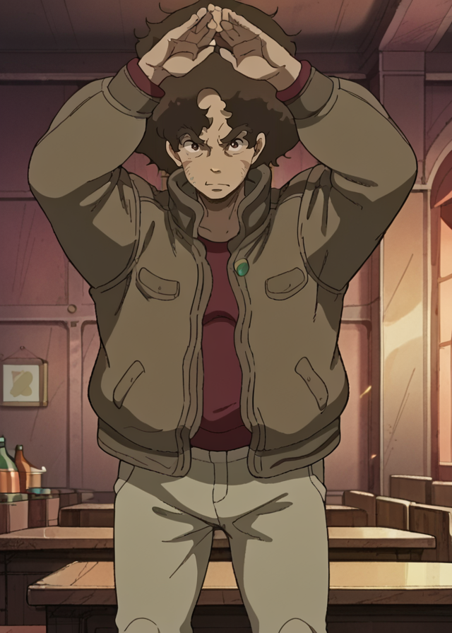 score_9,score_8_up,core_7_up, score_9,, <lora:Megalobox_ã¡ã¬ã­ãã¯ã¹_Megarobokusu_-_YÅ_Moriyama:1> <lora:Gearless_Joe_-_PonyXL:1> source_anime, megalobox style, gearlessjoe, Joe clean shaven, propped up on one elbow (resting), brown hair, bomber jacket , khaki pants,  Fearful:1.2, Arms raised in victory at castle, imposing fortress, medieval architecture, historic, 1man, solo
