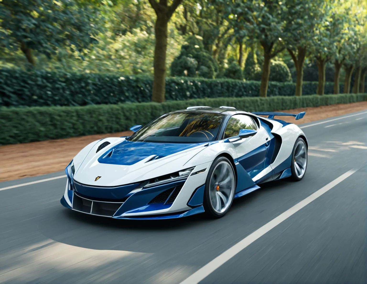 concept art <lora:Zoom_Cars:1>,Cornelisz Hendriksz Vroom,, a white and blue sports car driving down a road next to trees and bushes on a sunny day with a blurry background [23], . digital artwork, illustrative, painterly, matte painting, highly detailed