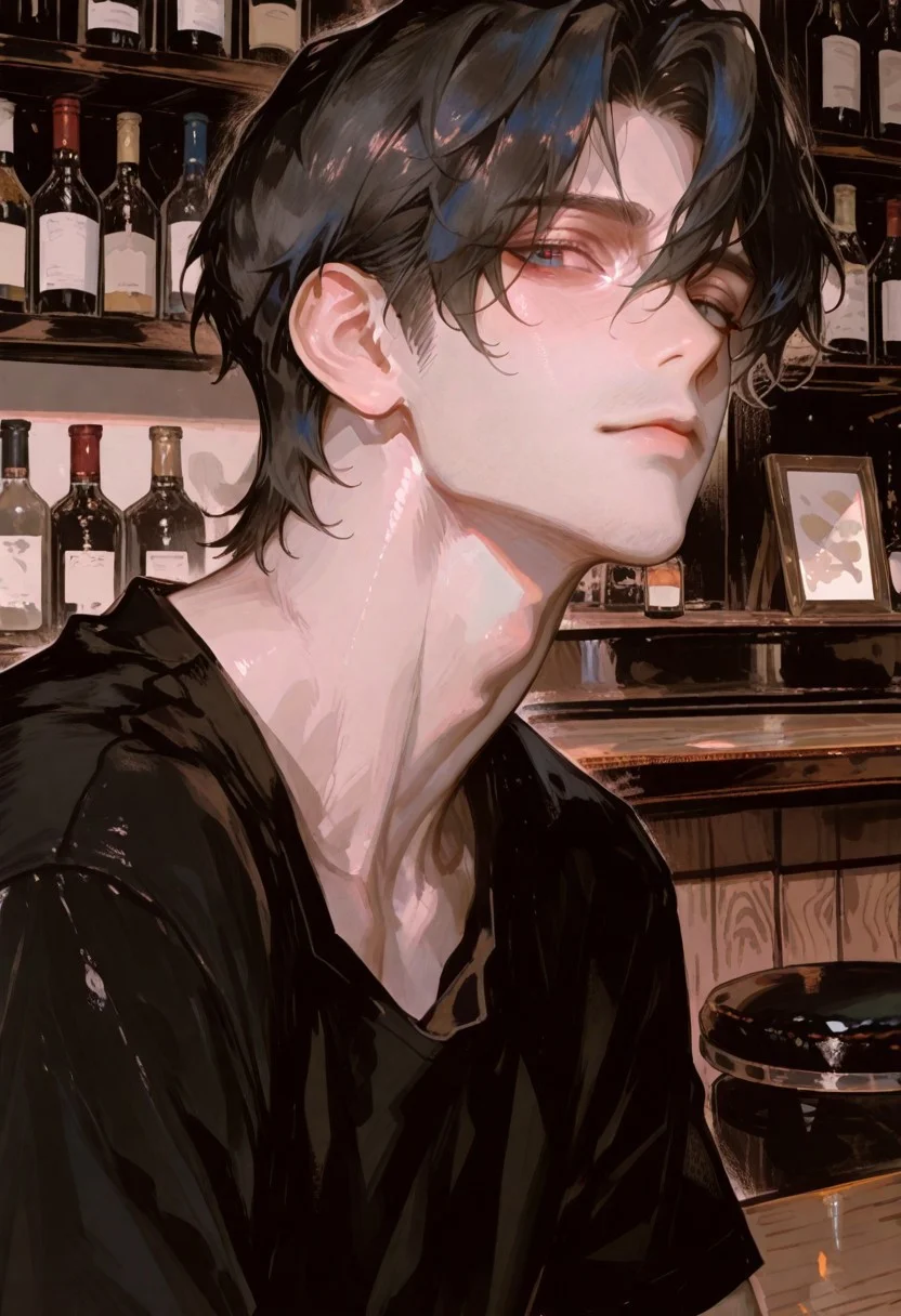 masterpiece, absurdres, newest, best quality, amazing quality, very aesthetic, {{1boy}}, black hair, handsome, detailed eyes, {{adult}}, (adult, 30 years old), chiseled jaw, toned body, light brown skin, masculine, black shirt, fully clothed, {{angular face}}, blue eyes, muted colors, {{handsome detailed face}}, semi-realistic, watercolor on paper, {{aesthetic}}, {{{best quality}}}, stunning, perfect body, looking at viewer, (stoic) \(expression\), {{wide angle}}, angular face, highly textured, upper body, in the bar, portrait, male focus, detailed background, (masterpiece, detailed), 96yottea, 748cmstyle, usnr,