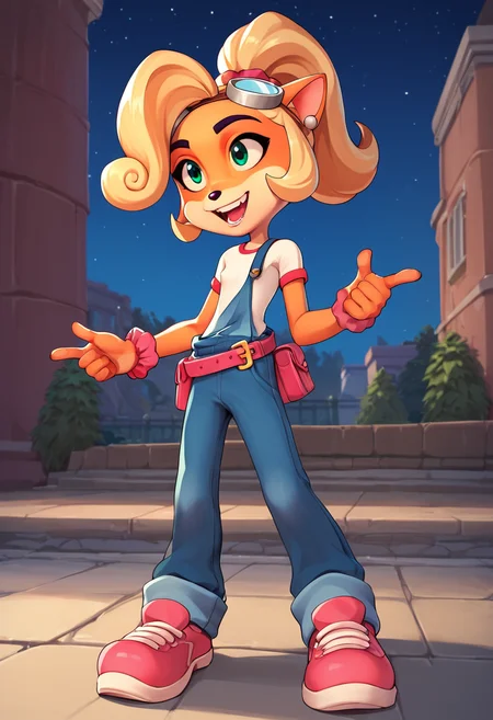 PonyXLV6_Scores,source_anime,masterpiece,best quality, highly detailed, perfect anatomy,amazing quality,
BREAK
 <lora:coco:0.8>coco,solo, 1girl,  happy, goggles, overalls, jewelry, furry, earrings, shirt, flat chest,  shoes, full body, animal ears, teeth, standing, furry female, short sleeves, two-tone fur, green eyes, body fur, goggles on head, blue overalls, white shirt,  red footwear, sidelocks, animal nose, blonde hair, heart, belt, pink footwear, open mouth, wrist scrunchie, grin, artist name, ponytail, shiny, pants,  blue pants, parted lips, holding, pouch, orange hair, long hair,outdoors,night, night sky, screaming,