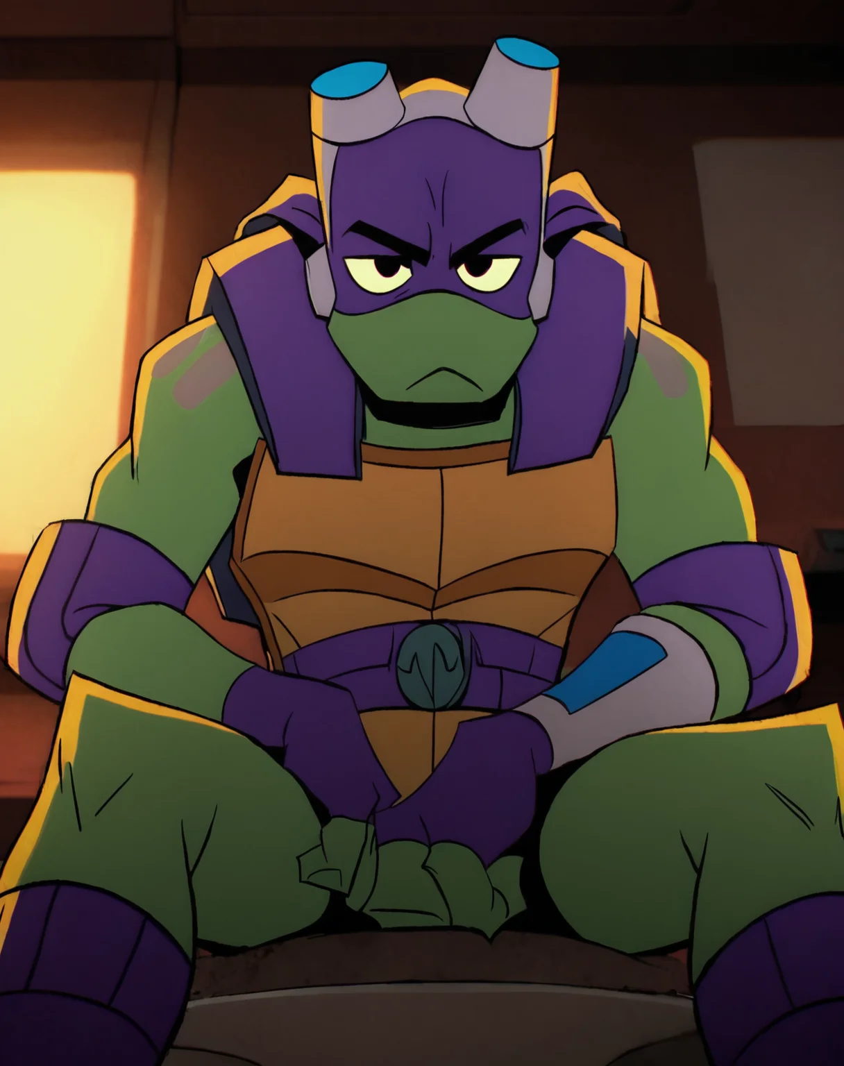 score_9, score_8_up, score_7_up, smooth lines, countershading, soft shading, 2d, extreme detail, 4K, high definition, high resolution, <lora:rottmnt8:0.8>, 1boy, solo, Donnie, green skin, goggles, mask, fingerless gloves, belt, turtle, legwear, sitting, frown, curious, indoors, looking at viewer,