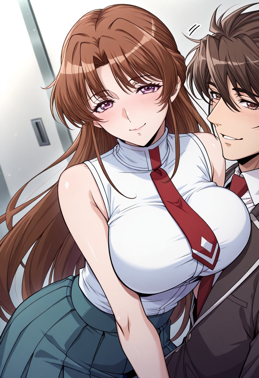 masterpiece, best quality, newest, highres, uncensored, 1girl, yokota mamoru style,1girl, slender face，motion lines,torogao,looking at the viewer,seductive smile,blush
Shiria,Brown Hair,Brown Eyes，long hair，
1girl, long hair, brown hair, necktie, purple eyes, school uniform, dutch angle, skirt, sleeveless, turtleneck, jacket, breasts, large breasts, smile, sleeveless turtleneck, shirt, 1boy, very long hair, red necktie