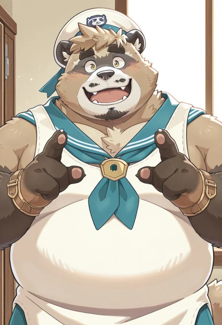(safe for work, no naughty stuff, rating_safe), solo, masterpiece, best quality, newest, absurdres, highres, high quality, highly detailed, furry male, raccoon dog, mature male, ((highly detailed eyes, perfect eyes)), ((4 fingers)), perfect hands
Pong, Crave Saga, golden eyes, thick eyebrows, short hair, brown fur, two tone fur, sailor uniform, sailor hat, baggy garments, deck background, soft lighting, chubby, beard