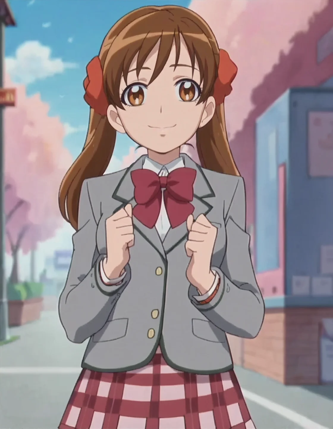 score_9, score_8_up, score_7_up,anime screencap,1girl,solo,sakagamiayumi, skirt, school uniform, bow, jacket, blazer, looking at viewer,smile, bowtie, plaid skirt, ribbon medium breasts,<lora:sakagamiayumi:0.8>