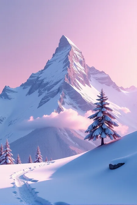 a snow covered mountain with a lone tree in the foreground, keisuke goto, gradient light purple, leading to a beautiful, sparse, carpathian mountains, awarded winning photo, beautiful avatar pictures, pink hues, gentle shadowing, in a desolate, images, <lora:Landscapes_II:0.8>âââ