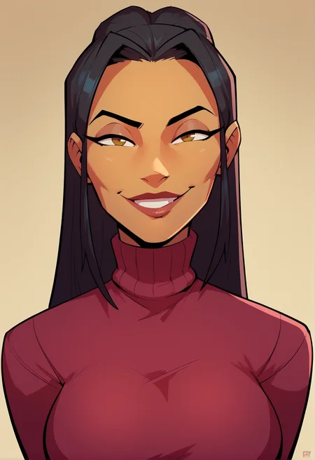 score_9, score_8_up, score_7_up, <lora:qu33n_v2:1> qu33n, 1girl, large breasts, turtleneck,portrait,solo,sly smile,front facing,looking at viewer