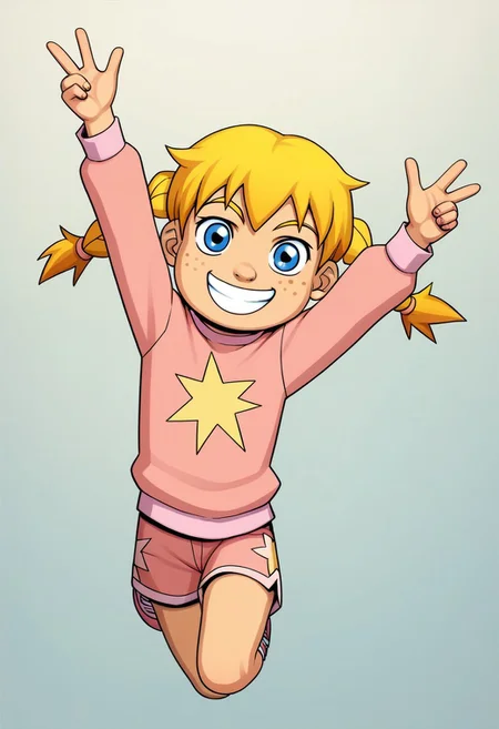 score_9, score_8, score_7, incogstyle, CHkatiepower, 1girl, ((solo)), in mid air jump, smiling, looking at viewer, child
