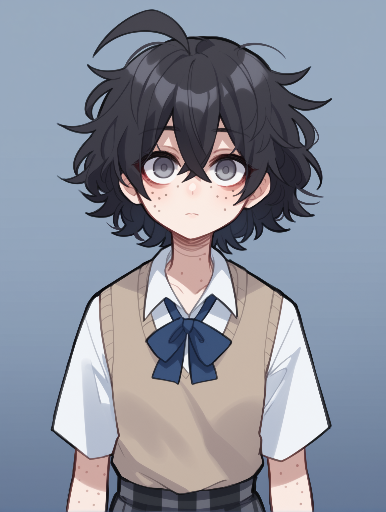 score_9, score_8_up, score_7_up, score_6_up, score_5_up, score_4_up, source_anime, BREAK
1girl, solo, looking at viewer, <lora:PopokaXL:1> popokaxl, black hair, white shirt, sweater vest, plaid skirt, freckles, grey eyes, empty eyes, blind girl, ahoge, short hair, messy hair, portrait,