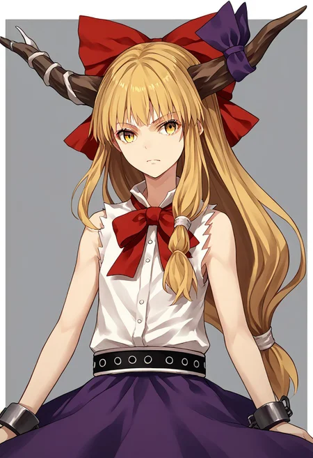 score_9, score_8_up, score_7_up, score_6_up, score_5_up, score_4_up, source_anime, 1girl, solo,
ibuki suika, horns, blonde hair, low-tied long hair, hair bow, yellow eyes, sleeveless white shirt, belt, purple skirt, shackles,
masterpiece, best quality, very aesthetic, absurdres,