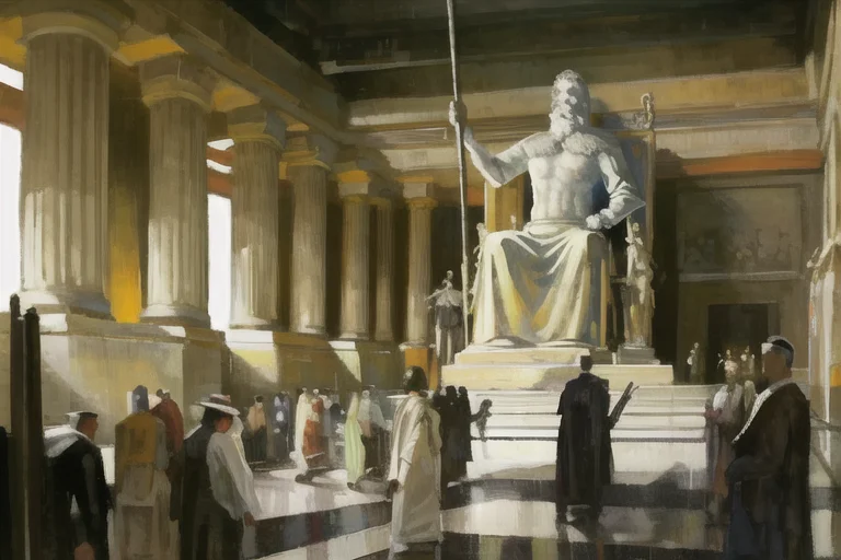 a painting of a statue of a man holding a staff in a room with people standing around it and a crowd of people standing around
