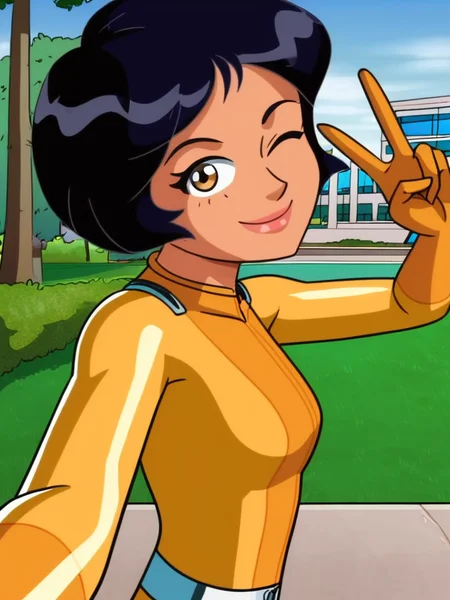 smile, selfie, v, one eye closed, head tilt, closed mouth, looking at viewer, upper body,
leaning to the side, arched back, looking back, park, solo focus, holding phone,
<lora:Totally_Spies_Alex:0.8>, bodysuit, black hair, short hair,