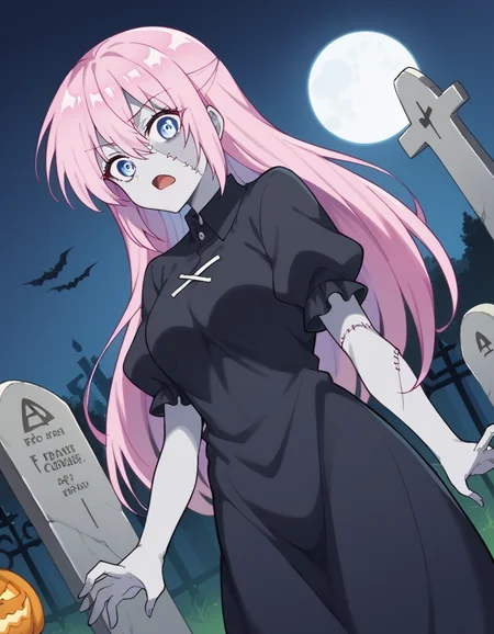 score_9, score_8_up, score_7_up, source_anime, <lora:miyako-shikimori-s1-ponyxl-lora-nochekaiser:1>, miyako shikimori, long hair, blue eyes, hair between eyes, pink hair, medium breasts,, <lora:zombie-ponyxl-lora-nochekaiser:1>, zombie, colored skin, stitches, grey skin, multicolored skin, stitched face, zombie pose, halloween, halloween costume,, night, moon, graveyard, tombstone, grave, open mouth, , dutch angle, cowboy shot