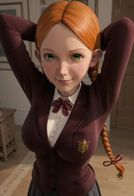 ((room background)),score_9, score_8_up, score_7_up,score_6_up, (detailed face and eyes:1) 
1girl, solo, Jenny_MH, light skin, ginger hair, green eyes, twin braids with red ribbons, big eyes, dark red blazer with gold emblem, white collared shirt, red cross bow tie, black grey suspender skirt, white knee socks, black mary janes shoes, cute, medium height, social smile, perfect eyes, perfect smile, looking at the viewer, detailed eyes, perfect eyes, standing, big breasts (front pose, front view, full body shot, high angle view:1) five fingers, perfect hands, (hands behind head)