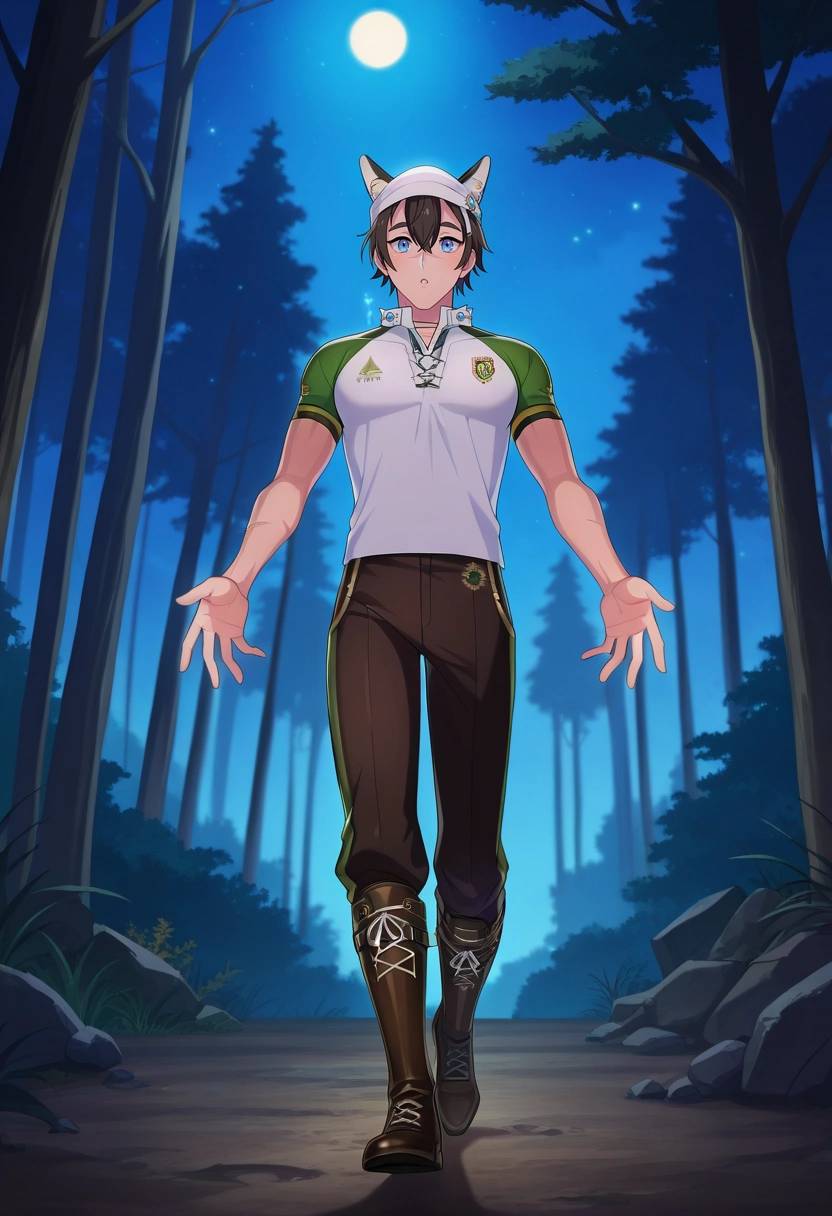 masterpiece, best quality, intricate details, anime screencap, anime coloring, , , depth of field, 1boy, solo, male focus, <lora:garu_nu_carnival_ilxl:0.98>, garu_nu_carnival, black hair, blue eyes, short hair, animal ears, scar, hair between eyes, , , forest, night, firefly, moonlight, tree, mist, ruins, walking, curious expression, reaching out, DeepPlum Polyester Striated Utility pants, Rugby polo, Derby boots, Skullcap,