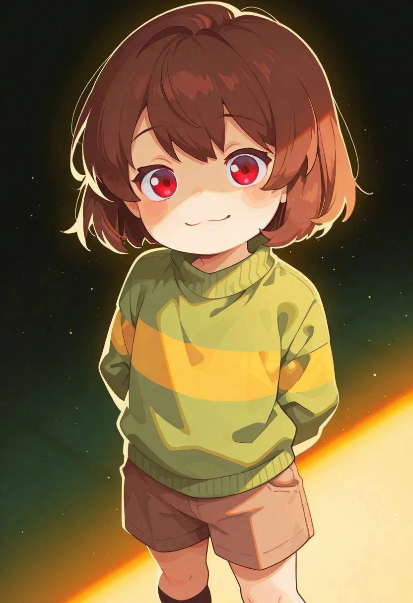 score_9, score_8_up, score_8, highly detailed, masterpiece, source_anime, cinematic light, hyper cute style, cinematic lighting, depth of field, volumetric lighting, highres, absurdres, realistic, highs details, intricate details, (hyperdetailed), high detail, best quality, very aesthetic BREAK 1girl, solo, Chara (Undertale), anime style, green and yellow striped sweater, brown shorts, red eyes, short brown hair, standing pose, slight smile, hands behind back, looking at viewer, soft lighting, neutral background, simple clean style, detailed face, clean lineart, soft shading, high quality, masterpiece, best quality, high resolution.