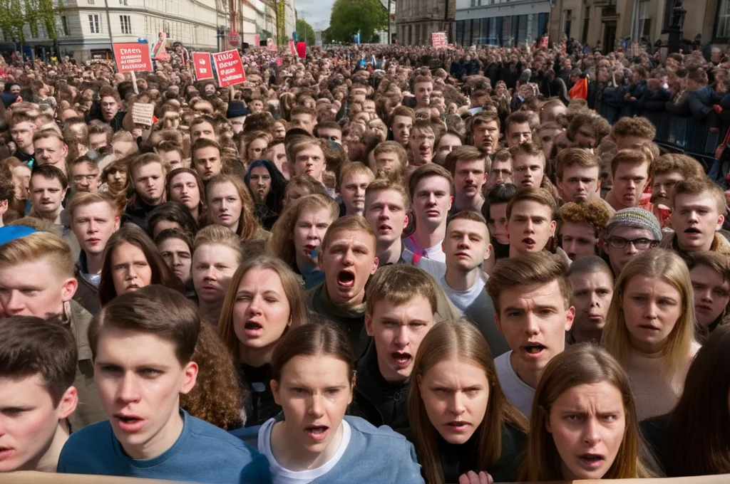 photo of a large crowd of young people on a demonstration , (many faces),