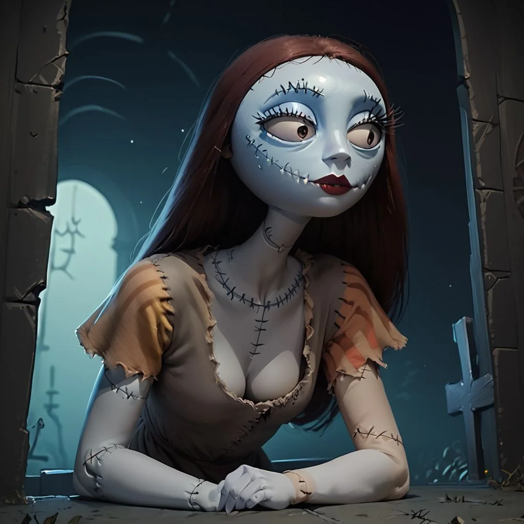 score_9, score_8_up, score_7_up, score_6_up, score_5_up, score_4_up, rating_questionable, 1girl, sa_lly, stitches, in a dark room, leaning over a gravestone, small breasts, cleavage