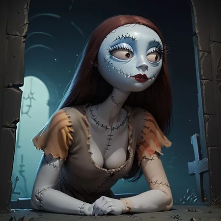 score_9, score_8_up, score_7_up, score_6_up, score_5_up, score_4_up, rating_questionable, 1girl, sa_lly, stitches, in a dark room, leaning over a gravestone, small breasts, cleavage