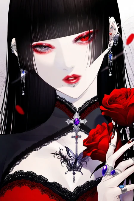 satsuki kei,jewelry, 1girl, piercing, butterfly, bug, lip piercing, black hair, solo, flower, eyeshadow, makeup, earrings, ring, necklace, ear piercing, heterochromia, red eyes, nail polish, cross, parted lips, blunt bangs, long hair, mole, looking at viewer, rose, red lips, red flower, mole under mouth, tattoo, hime cut, fingernails, grey eyes, portrait, multiple rings, cross necklace, lipstick, upper body, long fingernails, petals, red eyeshadow, pale skin, red rose, purple gemstone, chest tattoo, hand up, eyelashes, dress, nail art, gem, clothing cutout,
BREAK,masterpiece,best quality,amazing quality,very aesthetic,absurdres,newest