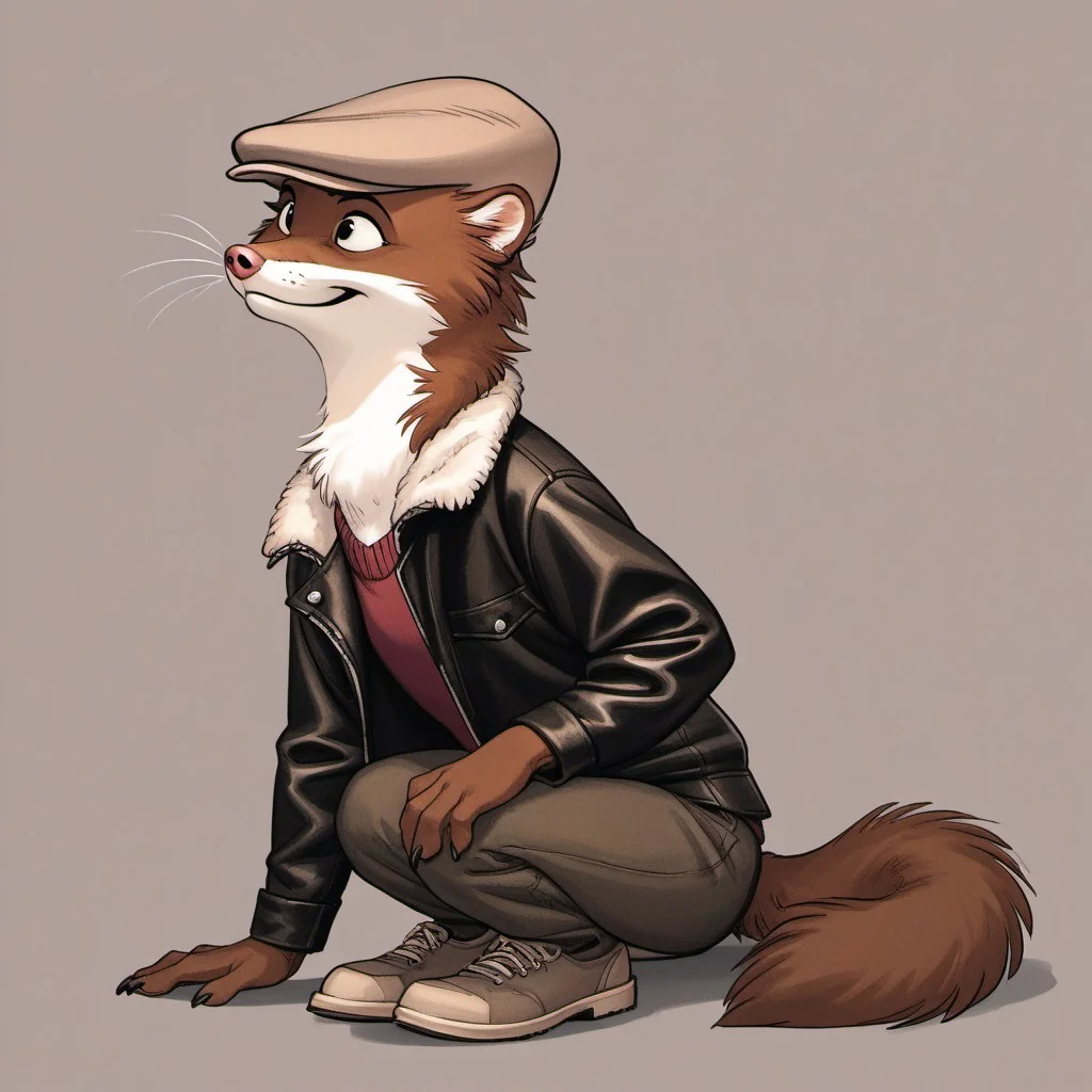 score_9, score_8_up, score_7_up, score_6_up, score_5_up, score_4_up, bedroom background, detailed fur,
BREAK
W33kly_BS, Weekly, Anthro Weasel, Lesser Weasel, brown weasel, brown fur, white chin, white neck, white inner ear, black eyebrows, black eyes, pink nose, whiskers, tan hat, flat cap, leather jacket, flight jacket, fleece collar, red sweater, khakis, tan shoes,
BREAK