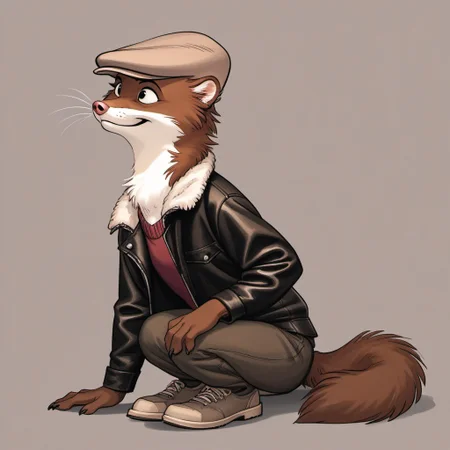 score_9, score_8_up, score_7_up, score_6_up, score_5_up, score_4_up, bedroom background, detailed fur,
BREAK
W33kly_BS, Weekly, Anthro Weasel, Lesser Weasel, brown weasel, brown fur, white chin, white neck, white inner ear, black eyebrows, black eyes, pink nose, whiskers, tan hat, flat cap, leather jacket, flight jacket, fleece collar, red sweater, khakis, tan shoes,
BREAK