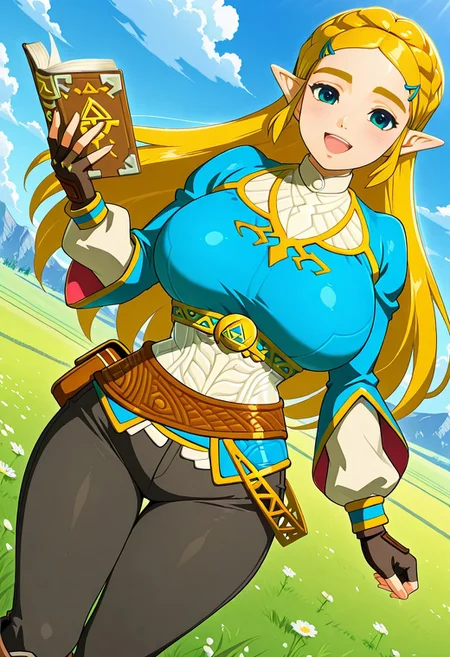 general,highres, ultra-detailed,very aesthetic,best quality ,best hands,best eyes,easynegative,
dynamic anglre, dutch angle, anime cloring,anime screencap,
1girl solo,looking at viewer,meadow, smile,open mouth, smile, holding book,
Zelda,yellow_hair, long_hair, braid, blue_eyes, huge_breasts,pointy_ears,shirt, pants,