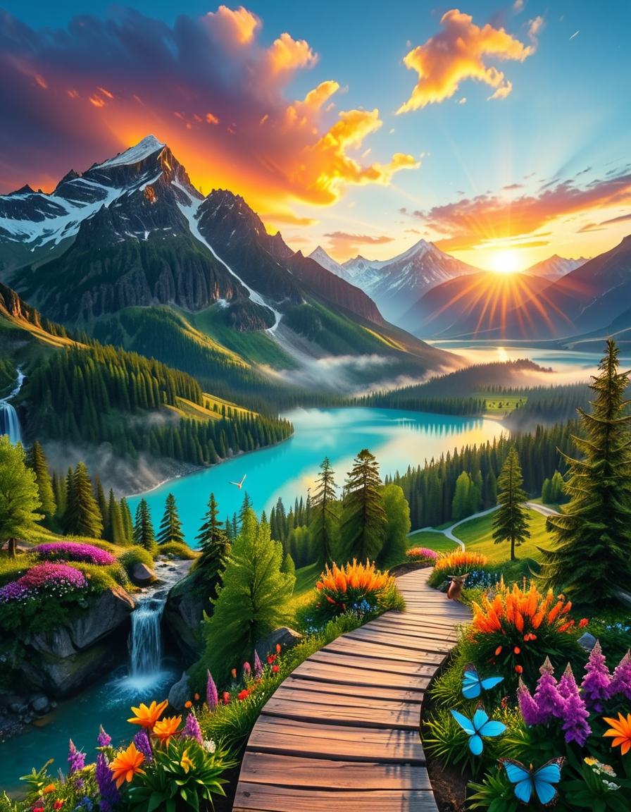 A breathtaking, high-resolution photograph of the most beautiful place on Earth, where natureâs wonders blend in perfect harmony. Towering, snow-capped mountains rise majestically in the background, their peaks glowing under the golden hues of a setting sun. Below, a crystal-clear turquoise lake reflects the colors of the sky, surrounded by lush, green forests filled with ancient trees, vibrant wildflowers, and cascading waterfalls. A soft mist rises from the valley, adding a dreamlike quality to the scene. In the distance, rolling meadows stretch toward the horizon, dotted with colorful flowers and serene wildlifeâgraceful deer grazing, birds soaring in the sky, and butterflies dancing in the breeze. A wooden footpath winds through the landscape, leading to a secluded, tranquil spot where the beauty of nature can be fully admired. The air is crisp and filled with the soothing sounds of rustling leaves, flowing water, and distant birdsong. The sky above is a masterpiece of colorsâdeep oranges, purples, and pinks blending seamlessly as the sun sets, casting a magical glow over this untouched paradise. The atmosphere is peaceful, awe-inspiring, and filled with a deep sense of wonder and tranquility, as if stepping into a perfect dream.
<lora:SDXLFaeTastic2400:0.4> <lora:extremely_detailed:0.4> extremely detailed, <lora:Earth_P4r4d1s3:1>,Earth P4r4d1s3, Masterpiece,best quality,hi res,8k,hi res,8k,award winning,(sharp focus, intricate, highly detailed),