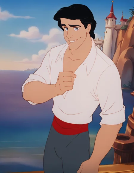 score_9, score_8_up, score_7_up,
Prince_Eric_LTM, 1boy, black hair, light-blue eyes, white shirt, three-quarter sleeves, red waistband, gray pants, black boots,
solo, standing, light smile, looking at viewer,
sea shore, fantasy white castle on a high cliff in the background,
best quality, much detailed, high resolution, Expressiveh, zPDXL3, <lora:Prince_Eric_LTM:1>, <lora:Smooth Anime Style LoRA XL:0.8>, <lora:Expressive_H:0.6>, <lora:add-detail-xl:1>, <lora:zPDXL3:1>âââ