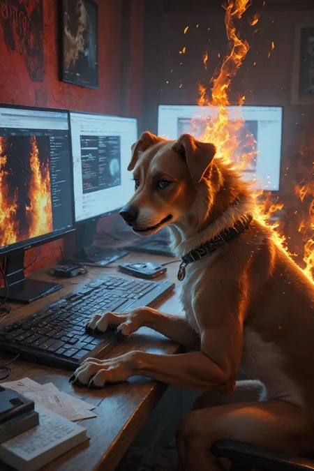 looking at viewer,detailed background,Cinematic Lighting,film grain,score_9,score_8_up,score_7_up,masterpiece,best quality,highly detailed,
<lora:(增强)sdxl_lightning_8step_lora:1>,<lora:glowneon_xl_v1:1>,glowing,<lora:Expressive_H:0.8>,Expressiveh,<lora:th3rm4lXLP:0.4>,th3rm4l,colorful,
realistic,computer,(no humans),keyboard (computer),monitor,english text,dog,(fire:1.2),animal,indoors,(burning:1.2),