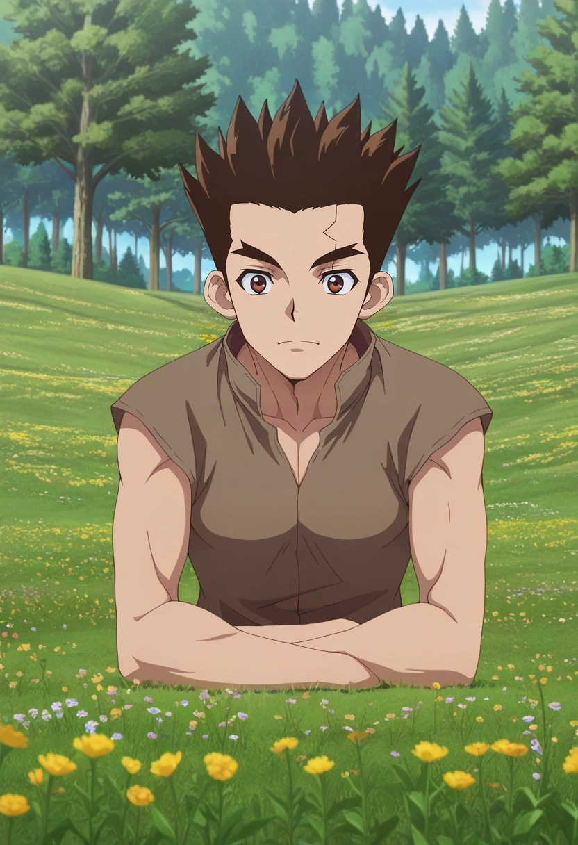 masterpiece, best quality, , anime screencap, anime coloring, , , 1boy, solo, male focus, <lora:taiju_ooki_ilxl:0.96>, taiju_ooki, brown hair, brown eyes, short hair, spiked hair, forest meadow, wildflower fields, soft streams, tree shadows, resting pose, serene expression, afternoon sun,