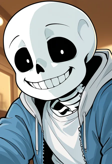 masterpiece,best quality,amazing quality, 1boy, solo, s4ns, skeleton, white shirt,blue jacket, close up, side angle, poker face,