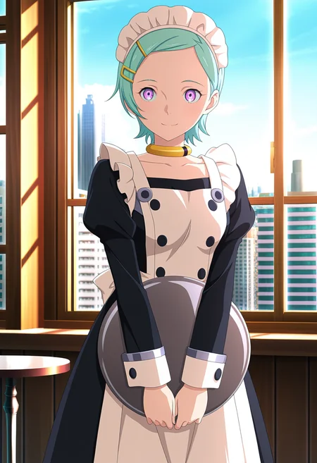 masterpiece, best quality, anime screenshot, anime, 1girl, solo, <lora:Eureka V7 [Illustrious] Eureka Seven:1>, Eur, purple eyes, aqua hair, short hair, hairclip, choker, maid headdress, black dress, maid apron, white apron, juliet sleeves, long dress, holding tray, cafe, indoors, window, city, day, smile,